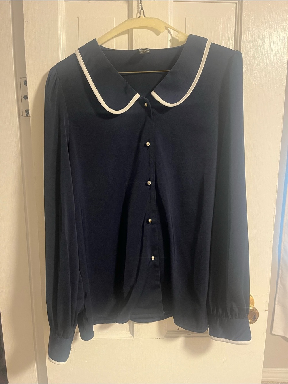 Navy Peter Pan Collar Blouse with White Trim